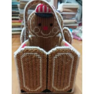 Handmade Gingerbread Man Christmas Basket Plastic Canvas Holiday Basket Decor